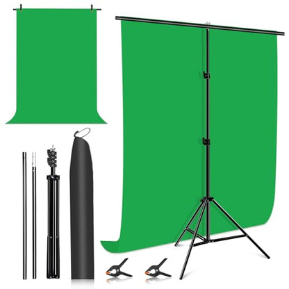 3.2x6.5FT Green Screen Backdrop Kit with Carrying Bag & Clips, Adjustable Aluminum Alloy Backdrop Crossbar T-Shape Bracket Studio Background Stand for Photography, Photoshoot ，Live Streaming