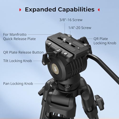 SMALLRIG 73''/186cm Heavy Duty Aluminum Alloy Video Tripod, Max Load 8kg (18lbs), Fluid Head with +85° to -78 Tilt Range, Compact Travel Tripod Weight 3.1kg(6.8lbs), Folded Height 88cm, AD-14