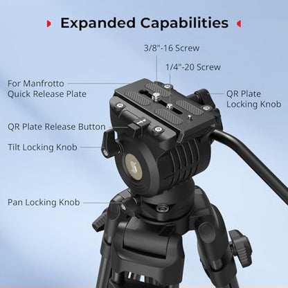 SMALLRIG 73''/186cm Heavy Duty Aluminum Alloy Video Tripod, Max Load 8kg (18lbs), Fluid Head with +85° to -78 Tilt Range, Compact Travel Tripod Weight 3.1kg(6.8lbs), Folded Height 88cm, AD-14
