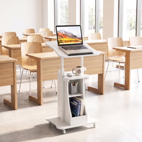 Tangkula Mobile Lectern Podium, Height Adjustable Podium Stand, Standing Sit-to-Stand Desk, Rolling Cart Laptop Desk with Swivel Top Movable Wheels & Storage - color: White, size: 20" x 16" x 44"