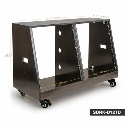 Sound Town DIY 2 x 12U Slanted Double-Bay Studio Rack with Casters for Home Studio and Recording Room, Baltic Birch Plywood, Black Espresso (SDRK-D12TD) - size: 2 X 12u, Black Espresso