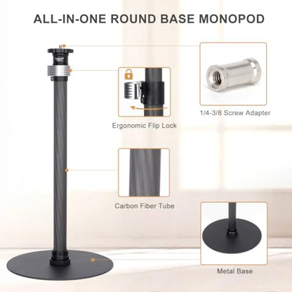 Koolehaoda Carbon Fiber Desktop Monopod Stand, 16"-28" Adjustable with Base | Heavy Duty Table Mount Extension Rod, for DSLR Camera, Webcam, Light, Live Streaming & Vlogging, Stable Base, Lightweight