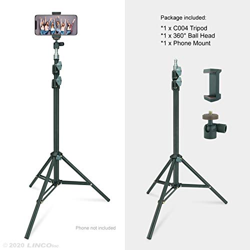 LINCO Selfie Stick Cell Phone Stand for Video Call and Conference, 360 Degree Ball Head, 63 Inches Compact Tripod Stand for Apple & Android Devices, C004B 1 Set