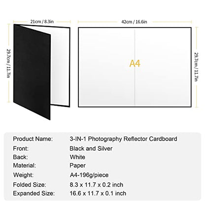 Meking 12" x 8" Light Reflector, 3 in 1 Photography Reflector Cardboard, Folding Light Diffuser Board for Food and Product Photography Lighting- Black, Silver and White - size: 1Pcs A4 Black Silver White