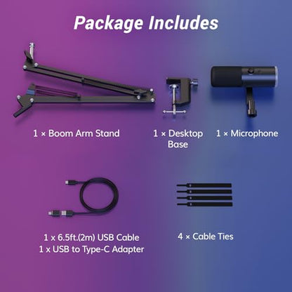 TONOR Dynamic Gaming Microphone, XLR/USB Mic Streaming, AI Noise Cancellation, Controlable RGB, Tap Mute, 3.5mm Headphone Jack, Volume Control, Microfono with Boom Arm, Black, TD510 AIR S H+