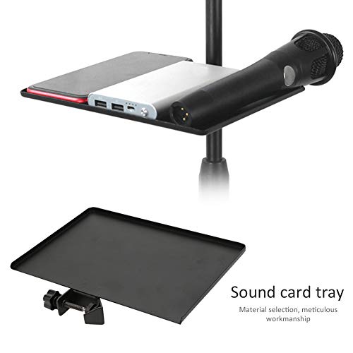 Sound Card Tray, Alloy Black Metal Shelf Bracket Phone Clip Universal Microphone Stand Clamp on Rack Tray Holder Tripod Sound Card Tray for Live Streaming, Karaoke, Recording