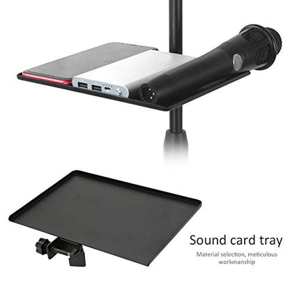 Sound Card Tray, Alloy Black Metal Shelf Bracket Phone Clip Universal Microphone Stand Clamp on Rack Tray Holder Tripod Sound Card Tray for Live Streaming, Karaoke, Recording