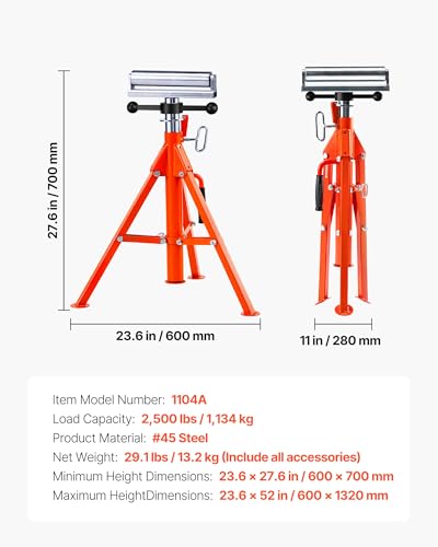 VEVOR Roller Stand, Heavy Duty 2500 LBS Load Capacity Tool Stand - 28"-52" Height Adjustable - Foldable Space-Saving Design - for Woodworking and Metalworking Long Boards, Metal Pipes or Bars