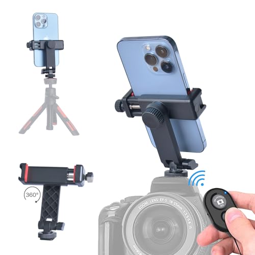Ruittos Phone Tripod Mount with Remote Controller, New Universal Smartphone Mount Adapter with Cold Shoe, 360° Rotates Cell Phone Clip Clamp Holder, Compatible with iPhone, Samsung and All Phones