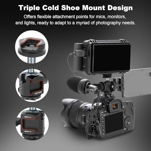 Mini Ball Head Tripod Head with Triple Cold Shoe Mount, Aluminum Tripod Ball Head Mount for DSLR Action Camera/Smartphone/LED Light/Mic/Tripod/Monopod/Light Stand/Cage, Max Load 8.8lb (62006)