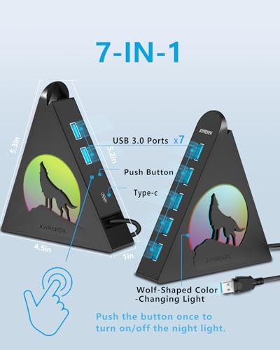 USB Hub 3.0, 7-Port USB Hub with RGB Night Light and Base, Vertical USB a Splitter for Desktop,Laptop, MacBook, Xbox, PS4/5, Game Console, Flash Drive, XPS, PC, Printer, Camera, Keyboard - color: Black
