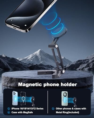 Aluminum Alloy Magnetic Phone Mount with 1/4" Screw & Arca Quick Release - Foldable Magnetic Holder for iPhone 16/15/14, Vlogging Tripod, Live Streaming Setup 814001