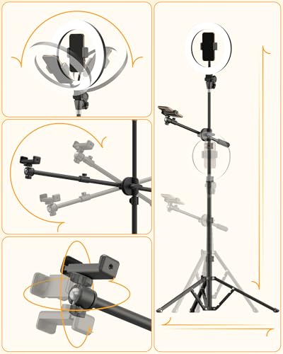 LUXSURE Ring Light with 62'' Tripod Stand for Video Recording, 10.5'' Ring Light Tripod for iPhone with 2 Shooting Positions, Overhead Phone Mount for YouTube, Makeup, Cooking