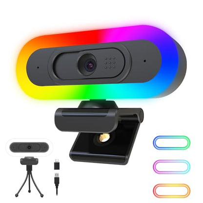 ToLuLu Streaming Webcam 2K 50FPS Web Cam, LED RGB Webcam with Microphone and Light, Autofocus Computer Camera with Cover and Tripod, Plug-Play USB Web cam for PC Desktop/MacBook Gaming Video Calling - style: 2K Autofocus RGB Ring Light webcam