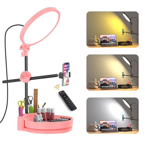 Desk Ring Light with Stand,55W Dimmable Full Screen Ring Light,with Rotating Storage Box,Pen Holder Stand,Phone Holder&Controller (Pink, 10.5) - color: pink