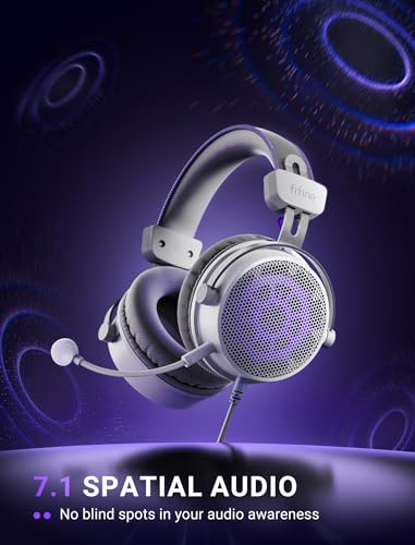 FIFINE Open Back Gaming Headset with 7.1 Surround Sound - Dual Wired USB/3.5mm Connection - USB Control Box - Detachable Mic, Over Ear Headphone for PC, PS4/5, Xbox, Switch, Mobile - H18V Lite WP - color: White and purple