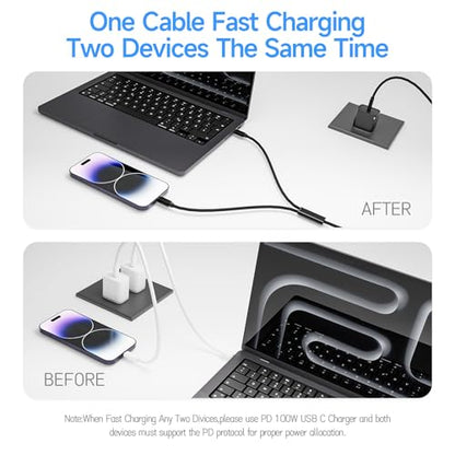 2 in 1 USB C to USB C and Lightning Carplay Cable 100W 4FT 1Pack Two Devices Simultaneous Fast Charging Compatible with MacBook Air/Pro/iPad/iPhone 17/16/15/14/13/12,Galaxy S26/S25/24/Pixel 10 - color: Black, size: 4FT