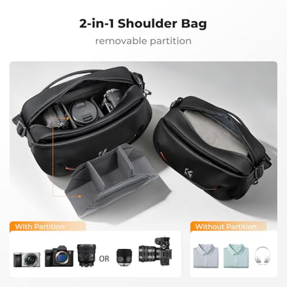 K&F CONCEPT Camera Sling Bag, Lightweight Camera Bag for Mirrorless/DSLR, Foldable Side Pocket & Quick-Access Front Pocket, Adjustable Divider, Camera Bags for Photographers, Black, 7L - color: Black
