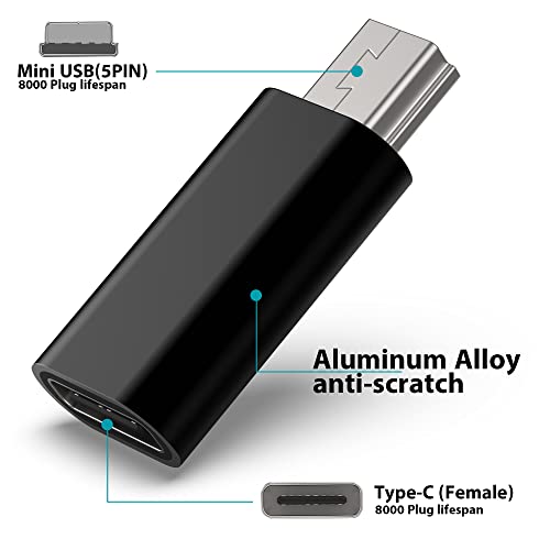 USB C to Mini USB Adapter, Type C Female to Mini USB 2.0 Male Convert Connector Support Charge & Data Sync Compatible GoPro Hero 3+, MP3 Players, Dash Cam, Digital Camera, Receiver etc(2-Pack) Black