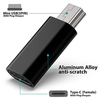 USB C to Mini USB Adapter, Type C Female to Mini USB 2.0 Male Convert Connector Support Charge & Data Sync Compatible GoPro Hero 3+, MP3 Players, Dash Cam, Digital Camera, Receiver etc(2-Pack) Black