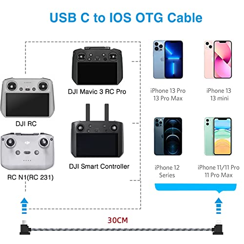 1FT USB C to iOS Remote Controller Cable for DJI Mavic 3, Mini 2, Mini 3 Pro, Air 2S, Mavic Air 2 - 90 Degree OTG Data Cord Accessories (iOS Connector) - style: USB C to IOS