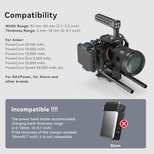 SmallRig Aluminum Power Bank Holder, Powerbank Mount Clamp Compatible with Width Range: 53 mm–84 mm (2.1–3.3 inches) and Thickness Range: 0 mm–18 mm (0–0.7 inch) Power Banks - BUB2336