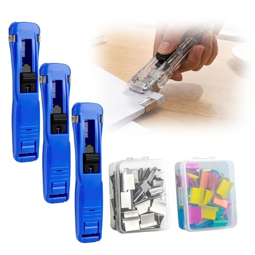 Portable Binder Clip Stapler, 2026 New Reusable Portable Paper Clam Clip Dispenser, 100 Metal Refill Clips (50 Silver + 50 Color) for Home, School, Desk Office (Royal blue-3PCS) - color: Royal Blue-3pcs