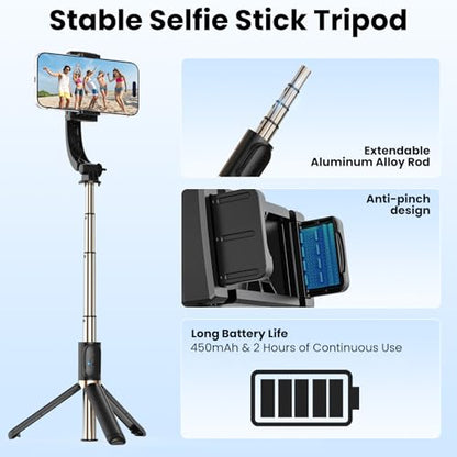 Gimbal Stabilizer for Smartphone, 1-Axis Auto Balance Handheld Gimbal, 360° Rotating Extendable Selfie Stick Tripod, Wireless Remote Control for iPhone Android Travel Vlogging TikTok YouTube