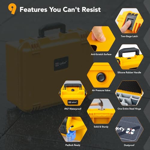 Lykus PVC1 Waterproof Hard Camera Case with Padded Dividers for Cameras, Lenses, Dual DJI Mavic/Air/Mini/Flip drones - color: Yellow PVC1