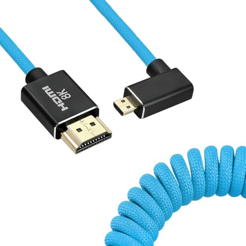Uonecn Micro HDMI to HDMI Cable Coiled for Atomos Ninja-V, HDMI to Micro HDMI Spring Cord for Canon R5C R5 R6, Support 3D HDR 1080P HD eARC, Left Angle Blue 12-18" - color: Blue Braided, size: 12-18"(L-A)
