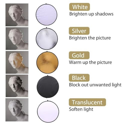 REFLEX CAMERA 7-in-1 Photography Reflector (Round) – Translucent/Silver/Gold/White/Black/Blue/Green – Light Diffuser & Chroma Key Background Kit with Carrying Case (110cm/43) - size: 110cm/43in