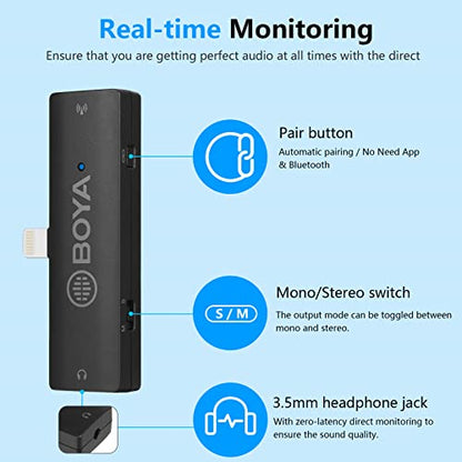 BOYA BY-XM6 S4 Wireless Lavalier Microphone for iPhone iPad, Dual Cordless Clip-on Lapel Mic for iOS Video Recording YouTube Facebook Live Stream Podcast Interview Vlog (328ft Range) - size: Lightning(RXD+TX+TX)