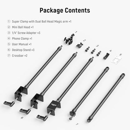NEEWER Overhead Camera Mount Rig with Dual Ball Head Super Clamp/Phone Holder/C Clamp for Desktop Top Down Shots, Metal Multi Device Mount Platform for Photography Live Streaming Video Making, NK003