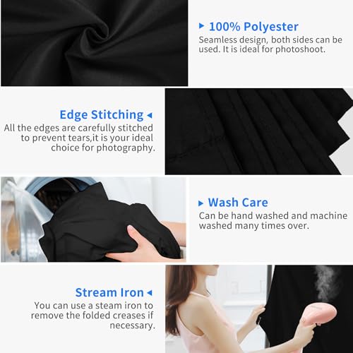 Hemmotop Black Photo Backdrop Background 10x8ft | Polyester, Large, Drapes Well, Rod Pocket for Easy Hanging, for Family Photos, Wedding, Birthday, Graduation Party, Video - color: Black
