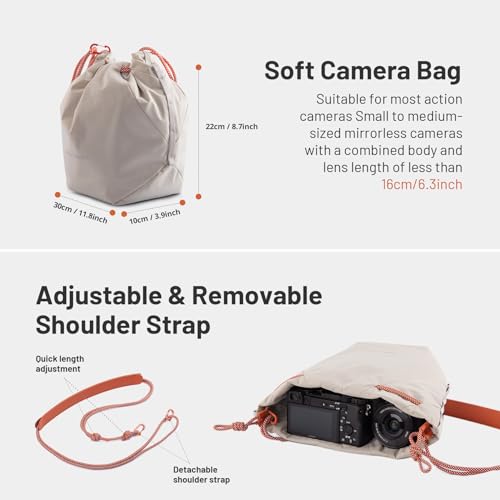 PGYTECH OneGo Drawstring Small Camera Bag, Soft Cute Camera Pouch Handbag compatible with Mirrorless Cameras/Nikon/Canon/Sony/Fuji/Pocket 4 Camera Case - color: Ivory