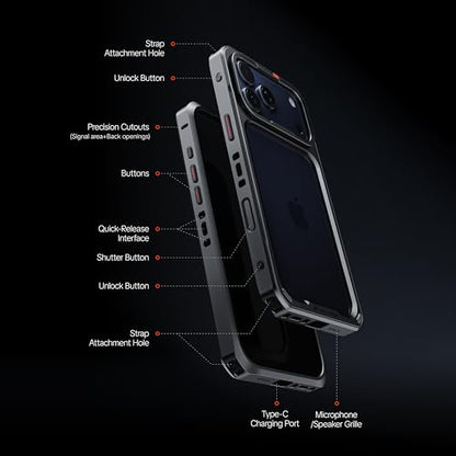 PGYTECH ProShot Phone Case for iPhone 17 Pro, Aluminum Alloy Protective Cage with 4 Expansion Ports, 3 Strap Holes & Silicone Liner for Heat Dissipation Black - style: Phone Case for iPhone 17 Pro