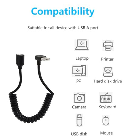 90 Degree USB 2.0 Male to Female Coiled Cable, 1.3 to 3.23 Feet, Data Sync Charger, Compatible with Printers, Cameras, Mouse, Other USB Devices - style: Down Angle