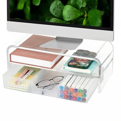 OPNICE Acrylic Clear Desk Organizers and Accessories, 2-Tier Computer Monitor Stand Riser with Drawer, Laptop Stand, Office Desk Accessories for Office Supplies, Transparent - color: Transparent 1-Pack, size: Single