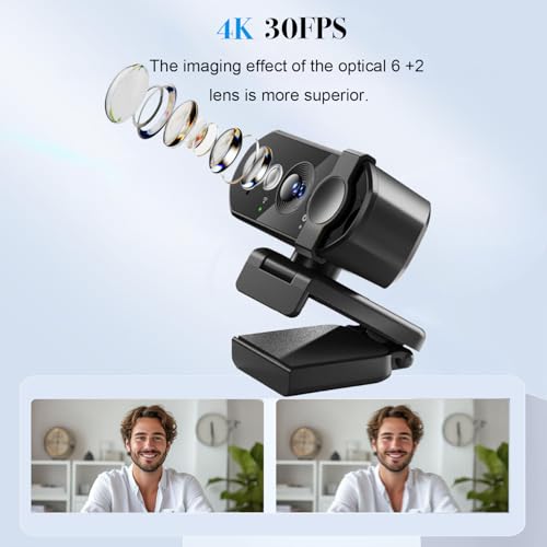 4K Webcam with AF Auto-Focus, 6+2 Optical Lenses, Independent ISP Noise Reduction & Dual Noise-Canceling Mics, Plug&Play Computer Camera for Zoom/Teams/Facetime