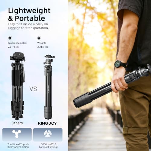 KINGJOY 72'' Aluminum Camera Tripod, Travel Tripod with 360° Ball Head, Phone Holder, Carry Bag, Wireless Remote Control, Compatible with DSLR, Phone, Spotting Scopes, Laser Level, Max Load 11 lb