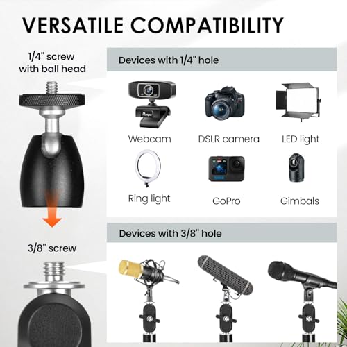 TARION Overhead Camera Desk Mount with Clamp Ballhead 3/8'' 1/4'' Screw | 6.6lbs Load Capacity, Flexible Gear Joints for Camera Light Projector, Overhead Shooting, Live Streaming TKA01-L