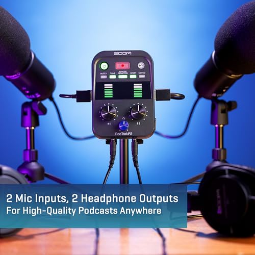 Zoom PodTrak P2 Podcast Recorder, 2 USB Mic Inputs, 2 Headphone Outputs, AI Noise Reduction, Tone & COMP Effects, Remote Guest Recording, SD Card, Battery/USB-C Powered | 2 Headphone Outputs, SD Card Recording, Aa Battery or USB-C Power, Tone and Compress