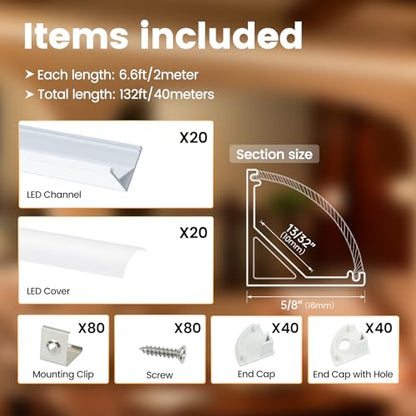 Muzata 20Pack 6.6FT/2M V Shape LED Channel Silver Aluminum LED Strip Diffuser Channel with Milky White Cover Frosted Corner Lighting Easy Installation V1SW WW 2M - size: 2M 20P
