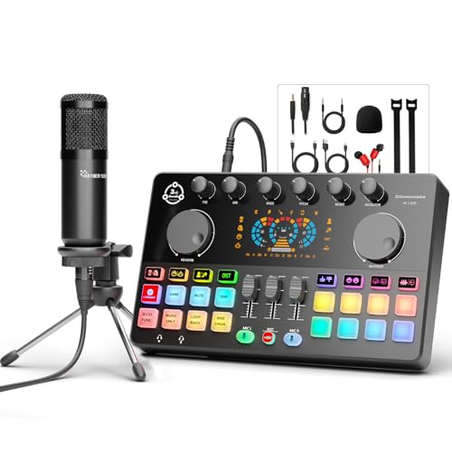 Podcast Equipment Bundle, RGB Audio Interface with 3.5mm Studio Condenser Microphone,Tripod Stand for PC, Phone, Streaming Recording,Singing, DJ, TikTok, Voice Changer, Denoise, COMMANDER M100 3rd - color: M100-1 Condenser