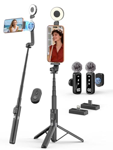 USKEYVISION Vlogging Kit for iPhone, Magnetic Selfie Stick Tripod with Light, Magnetic Microphone & Remote, Content Creator Essentials for YouTube TikTok Video Recording & Live Streaming - size: 49" Magnetic Selfie Stick with Light & Microphone