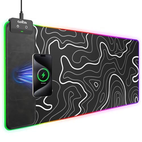 Wireless Charging RGB Gaming Mouse Pad, 31.5"x15.7" XXL Large Desk Mat, Desk Pad for Gamer, 9 Light Modes, Non-Slip Rubber Base, Waterproof, Computer Keyboard Mat, Black - color: Black-white Topographic Line