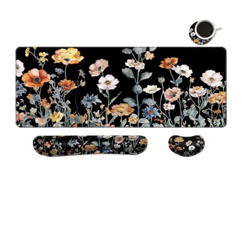 MIBITRI Keyboard Mouse Pad Set, Extended Gaming Mouse Pad+Ergonomics Keyboard Wrist Rest Support, Memory Foam, Easy Typing Pain Relief, 4Pcs XXL Ultra Thick Desk Mat, Flower Black - color: Flower Black
