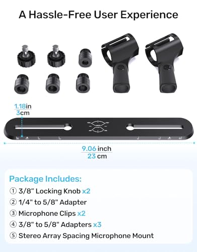Stereo Array Spacing Mic Bar Mount, Aluminum Dual Microphone Holder with Ruled Markings & Adjustable Positioning, Fits 5/8", 3/8" & 1/4" Stands, Ideal for XY/ORTF Recording, Studio, Podcasting - size: Mic Bar
