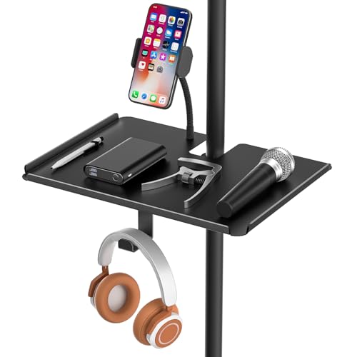 Metal Microphone Stand Tray with Mic Stand Phone Holder - 11.7" x 7.8" Functional Large Mic Stand Tray Shelf for Studio, Concert, Karaoke Clamp on Music Stand Shlef Attachment - size: Metal Large Tray