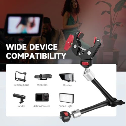 HEMMOTOP 11in Magic Arm Camera Mount Clamp, Max. Payload 5.5 LBS Articulating Arm with Anti-Twist Pins, Rotatable Pads, Adjustable Friction Arm for Monitor, LED Light, Camera Video Rig MS02 - size: 11 in